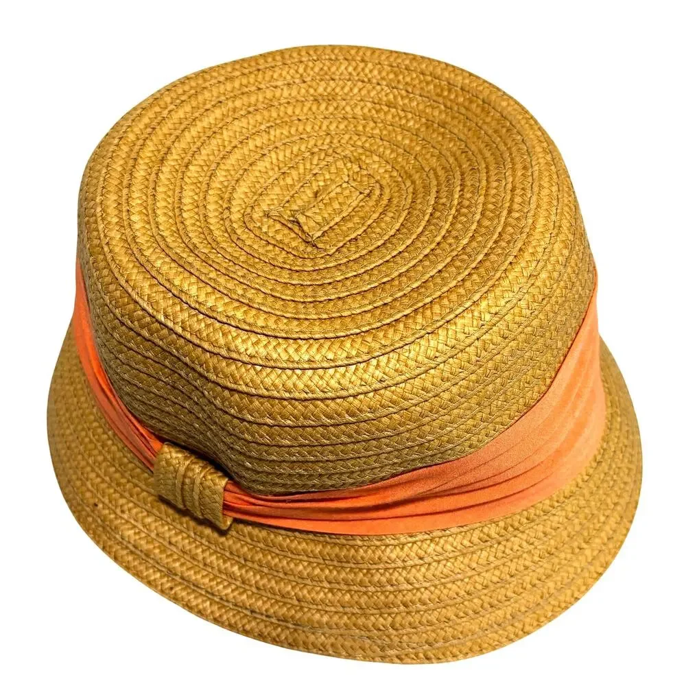 Straw bucket style sunhat with peachy pink fabric hatband cottagecore casual
